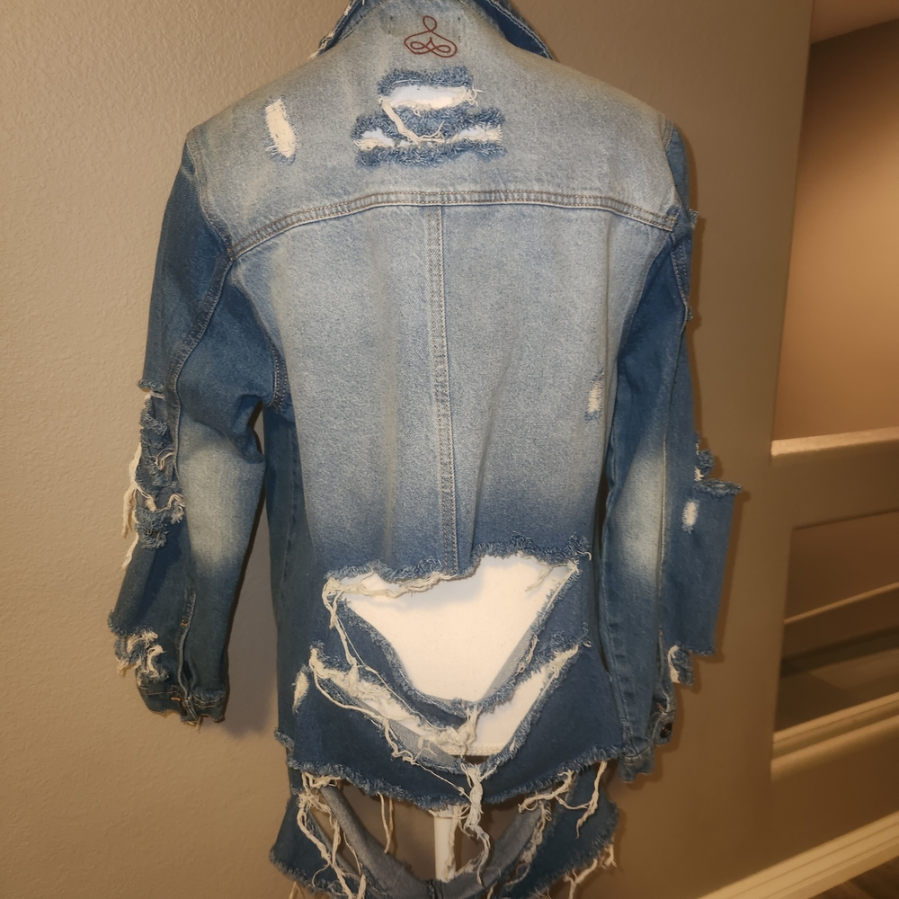 Blue Denim Jean Jacket with Distressed Details